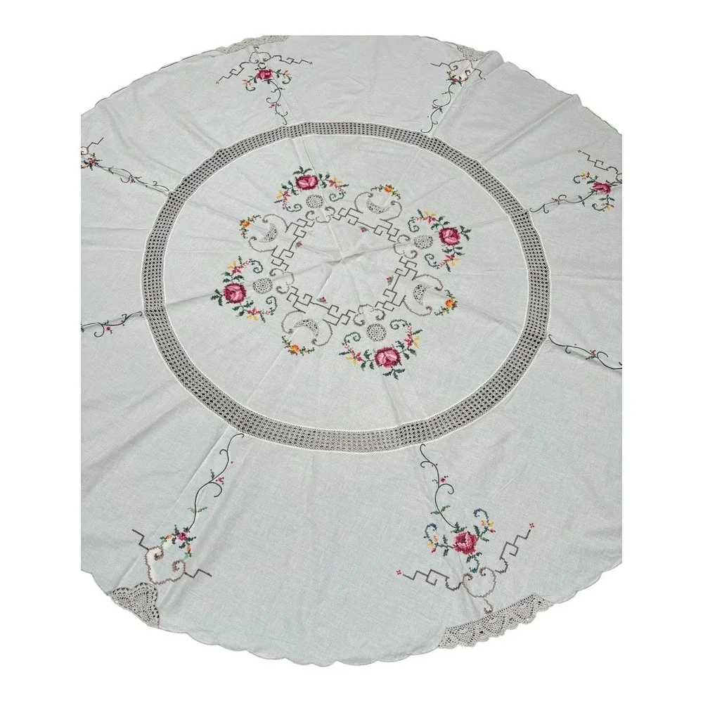 Vintage Round White Hand Embroidered Floral Crochet Lace Tablecloth 64in‎